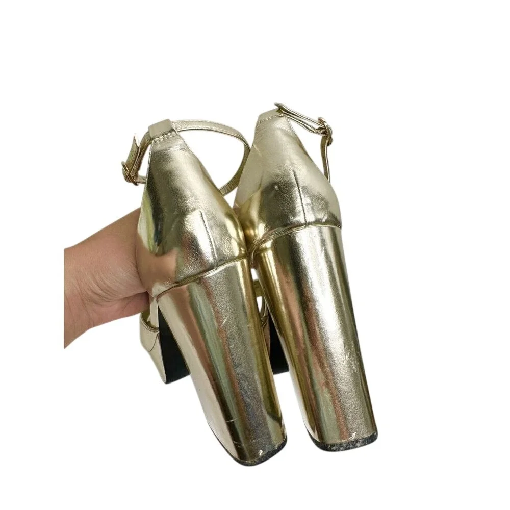Open Edit Kimber Gold Metallic Platform Block Heel Sandals Womens 9.5 Square Toe